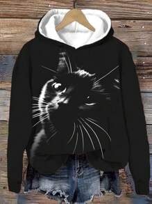 SHEIN LUNE Casual Minimalist All-Over Cat Print Plus Size Women Sweatshirt - Multicolor - View 1