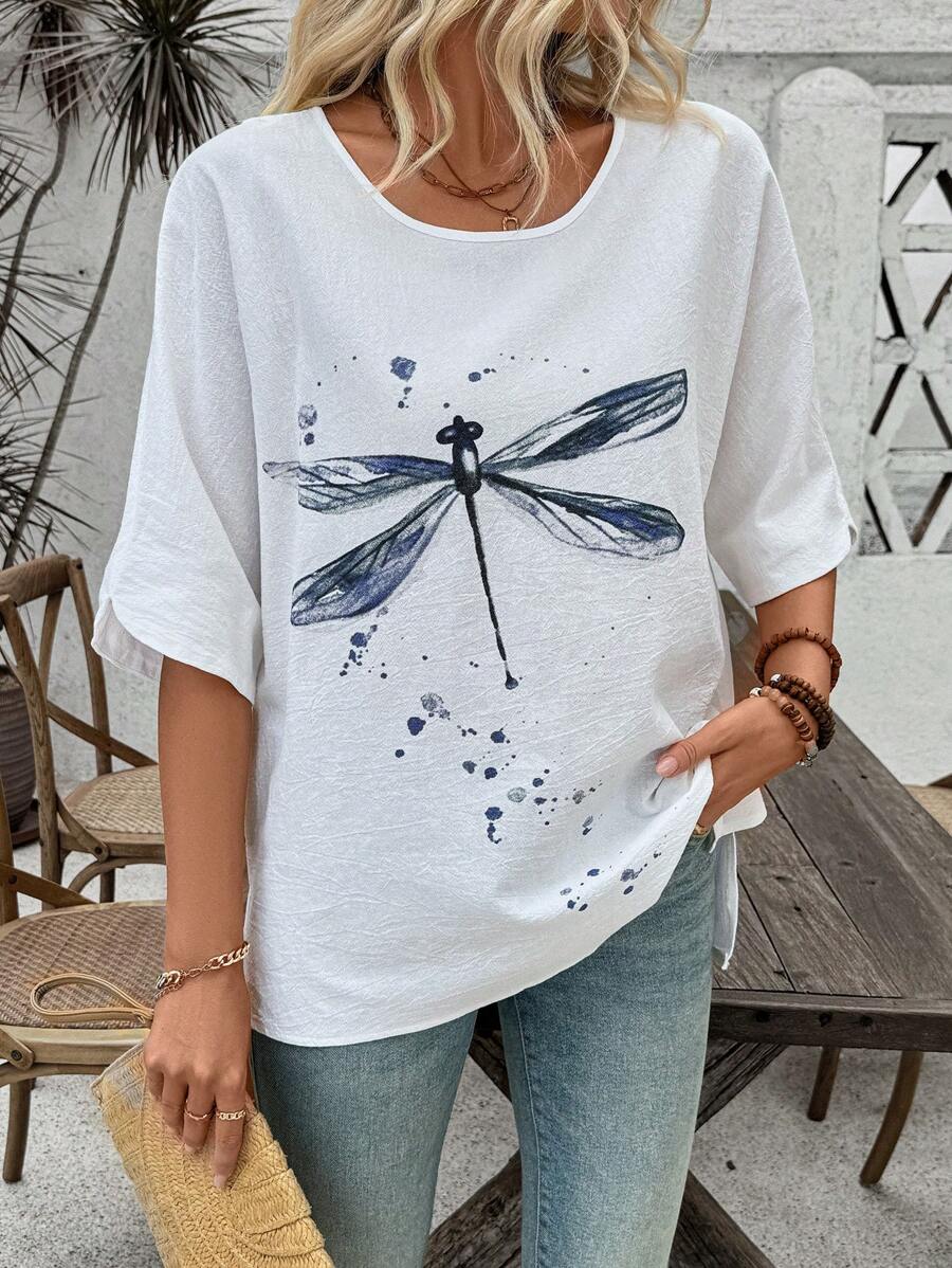 SHEIN LUNE Summer Vacation Casual Loose Fit Dragonfly Printed Round Neck Shirt - White - View 1