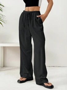 SHEIN EZwear Quần dài vải lanh dệt màu đen dành cho nữ - màu đen - Xem 3