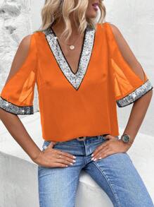 SHEIN LUNE Women Fashionable V-Neck Shirt With Shoulder-Baring And Sequin Decoration - Orange - View 5