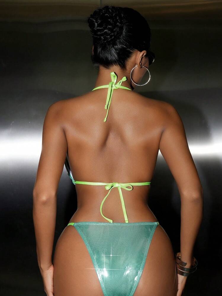Women's Shiny Halter Neck Tie Sexy Bikini Set With Avant-Garde Style Summer