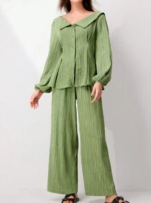 Mulvari Conjunto de dos piezas, Camisa de manga de linterna de unicolor de ocio vacacional para mujer y pantalón largo