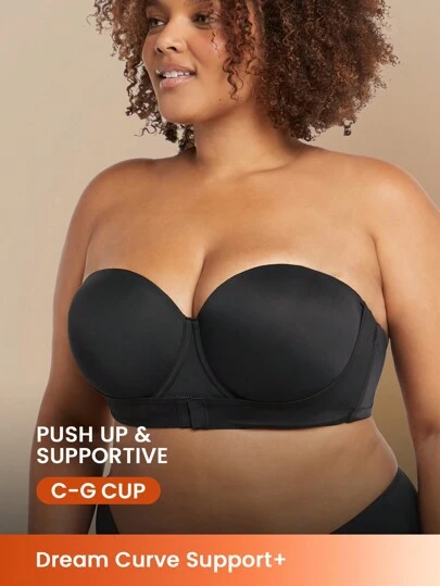 LUVLETTE Plus Dream Curve Support + 无肩带前扣式聚拢黑色基本款半罩杯文胸