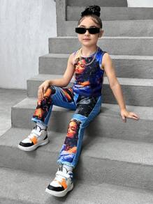 SHEIN Explorewe Young Girl' Spring/Summer Knit Top With Special Effect Prints & Cool 2pcs Set Of Printed Jeans-Like Pants - Blue - View 3