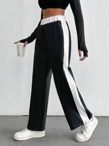 RueChic 女士寬腿褲，純色白條紋款式 - 黑色 - 查看 1