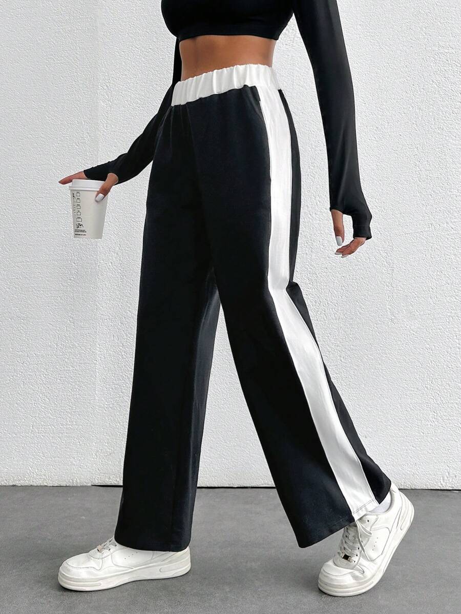 RueChic 女士寬腿褲，純色白條紋款式 - 黑色 - 查看 1