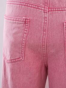 TEEN GIRL Y2K STREET Pink Heart Patch Detail Elastic Waist Straight Jeans - Hot Pink - View 5