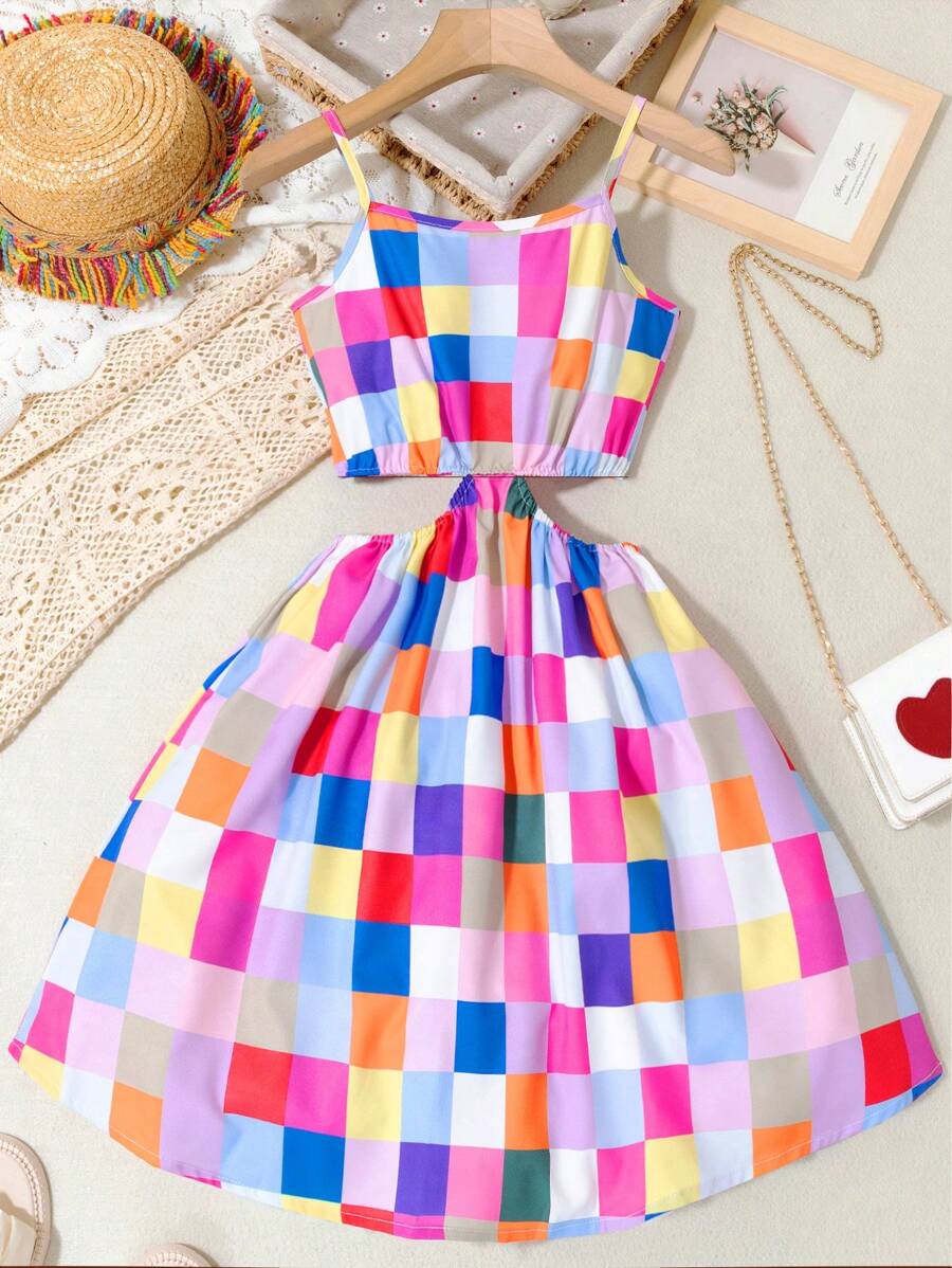 SHEIN Tween Girl Colorful Geometric Block Printed Sleeveless Dress With Hollow Out Waist Design - Multicolor - View 1