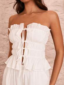 SHEIN BAE Dames Romantische zomer Strandvakantie Sexy Wit Effen Kleur Mouwloos Bandeau-top met meerlaagse bandjes, kant en ruches