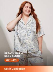 LUVLETTE Bộ đồ ngủ nữ ngắn bằng vải satin họa tiết hoa Plus - Xanh và trắng - Xem 1