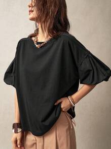 Bohemela 假期寬鬆燈籠袖女裝黑色T恤 - 黑色 - 查看 4