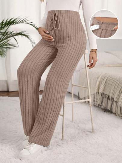 SHEIN Maternity Solid Color Ribbed Knit Drawstring Casual Pants