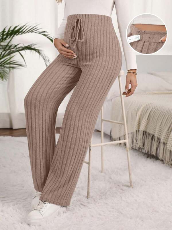 SHEIN Maternity Solid Color Ribbed Knit Drawstring Casual Pants