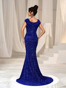 Faeriesty Vestido formal de cola de sirena con escote de corazón, mangas cortas y lentejuelas - azul real - Ver 2
