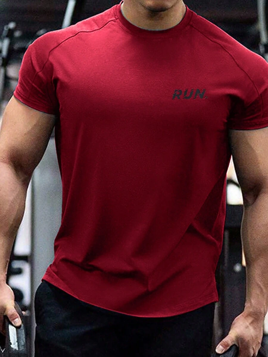 Manfinity Sport Corelite 男士运动短袖T恤 - 训练、健身、跑步,吸湿排汗,透气速干,酒红色,常规版型,圆领,微弹力 - 男友风,男士字母印花圆领短袖运动T恤,健身服,运动上衣,圣诞节透气压缩衣 - 酒紅色 - 查看 1