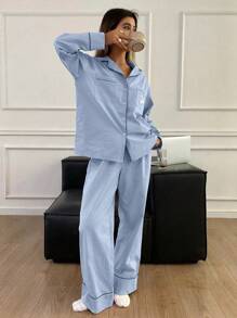 DAZY Minimalist Woven Label Decoration Long Sleeve Pajama Set With Long Pants - Blue - View 5