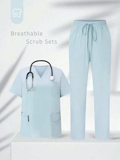 SHEIN TaskFit Plus Size Women's Solid Color V-Neck Short Sleeve Pocketed Top And Waist-Tied Trousers Uniform Scrub Set