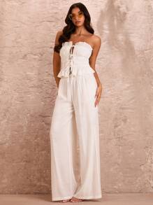 SHEIN BAE Dames Romantische zomer Strandvakantie Sexy Wit Effen Kleur Mouwloos Bandeau-top met meerlaagse bandjes, kant en ruches
