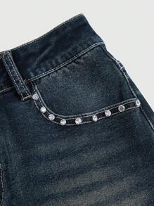 ROMWE Grunge Punk Y2K辣妹风刺绣十字架水钻口袋女士超低腰迷你牛仔短裤，学校款 - 藍色 - 查看 3