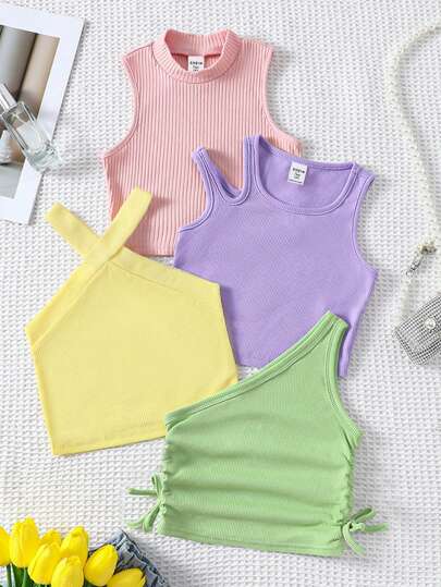 SHEIN Conjunto casual de 4 piezas para adolescente que incluye camisetas de tirantes cortas de punto con costillas
