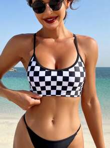 Swim Vcay Women's Summer Beach Checkerboard Printed Casual Bikini Top - Black and White - View 3