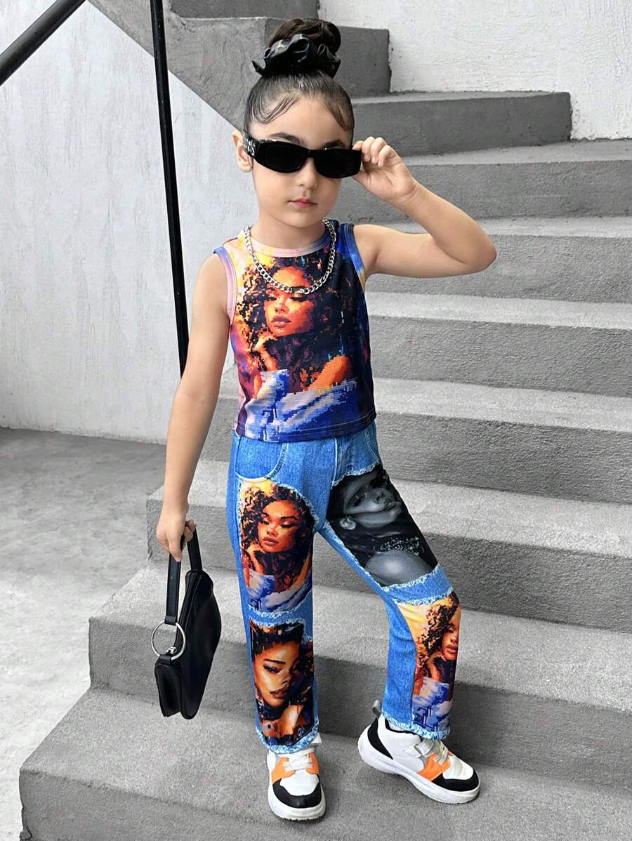 SHEIN Explorewe Young Girl' Spring/Summer Knit Top With Special Effect Prints & Cool 2pcs Set Of Printed Jeans-Like Pants - Blue - View 1