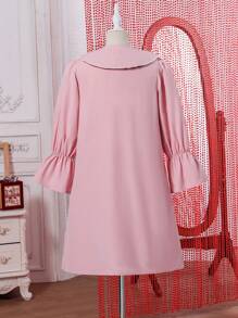 SHEIN Tween Girl Casual Comfortable Home & School Peter Pan Collar Long Sleeve Dress - Pink - View 2