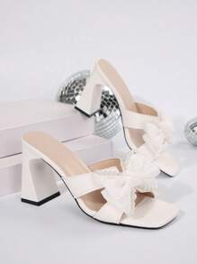 New Fashion Gold Bow High Heel Sandals, Suitable For Dating, Shopping, Commuting, Business, Party & Gathering, Summer & Autumn,Chunky Heels - White - View 4