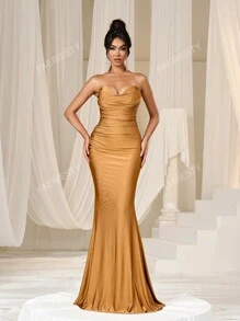 Faeriesty Elegancka bez ramiączek z dekoltem w kształcie serca, plisowana, z biustem, syrenką i trenem, wieczorowa sukienka – wiosenno-letnia formalna suknia na gale, wesela, wydarzenia na czerwonym dywanie, wieczorne przyjęcia, sukienka na przyjęcie, suknia dla gości weselnych