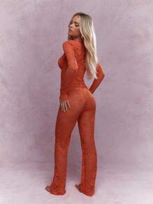 MISSGUIDED Áo ren trong suốt cắt xẻ tay dài và quần ống loe phối hợp - trái cam - Xem 2
