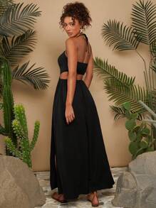 Travachic 婚礼女装音乐节夏季连衣裙度假长裙梭织纯色无袖镂空腰部和领口系带修身长裙，适合春夏穿着 - 黑色 - 查看 2