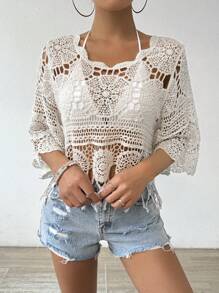 Swim Vcay Women's Solid Color Crochet Beach Cover-Up Top, Suitable For Summer,Summer Beach