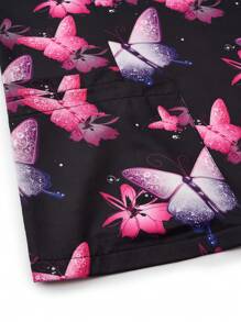 TaskEZ Women's Short Sleeve Printed Top & Solid Color Pants Uniform Set,Butterfly Pattern Scrub Set - Multicolor - View 7