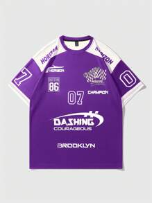 ROMWE MEN Street Life Men's Racing Icon Printed Short Sleeve T-Shirt, School - Purple - View 2