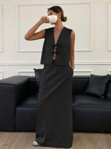 Livesso Solid Color Vest & Skirt Set With Belt For Women Summer, Women Two Pieces Sets,Back To School Clothes - Black - View 5