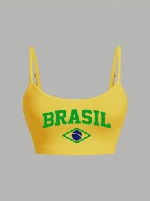 SHEIN EZwear Women's Brazil Printed Yellow Casual Tight-Fitting Cropped Sexy Camisole, Suitable For Summer Back To School