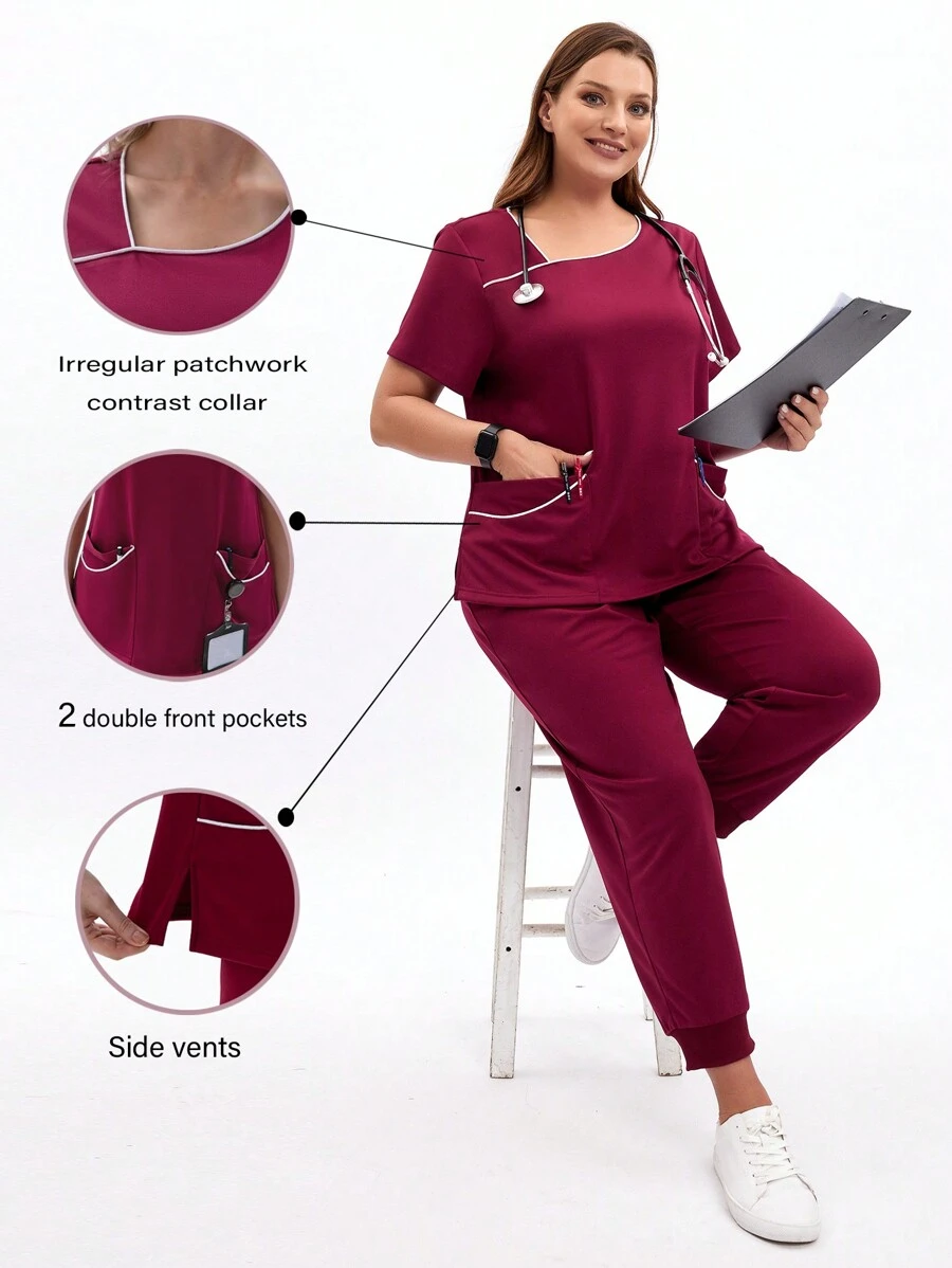 TaskEZ Conjunto de uniforme de verano para enfermera de talla grande en color rojo burdeos, con top y pantalones de micro-elástico, con múltiples bolsillos, uniforme para trabajo de enfermera, esteticista, ropa de trabajo con diseño de cuello en V, 4 bolsillos, conjunto de 2 piezas