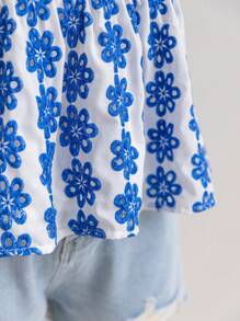 Soleia Áo cổ bèo thêu hoa cổ điển dành cho phụ nữ cỡ lớn, áo đi nghỉ mát & thường ngày mùa hè - Xanh và trắng - Xem 6