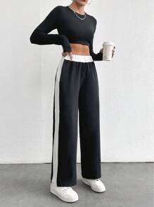 RueChic 女士寬腿褲，純色白條紋款式 - 黑色 - 查看 4