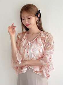 FRIFUL Women's Printed Ribbon Tie Peplum Hem Bell Sleeve Casual Shirt,Ruffle Vacation Outfits Women Floral - Baby Pink - View 9