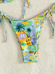 Women's Summer Beach Palm Tree Printed Front Knot Bandeau Bikini Set - Multicolor - View 5
