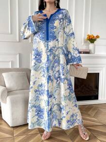 Al Najma Damen elegantes Kleid mit langem Glockenärmel und Blumenmuster, Frühling/Sommer, Kaftan