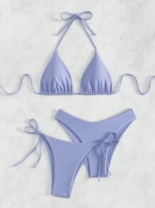 Swim Mod 3 Stücke/Set Damen Bikini in einfarbiger Halter Neck, für Strand im Sommer mit Unterwäsche und Shorts - Grauviolett - Übersicht 5