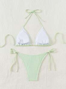 SHEIN Conjunto de bikini sexy para mujer con estampado de cuadros de playa de verano y cuello halter con traje de baño separado