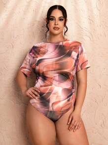 SHEIN BAE Body asimétrico de manga corta para mujer con estampado de mármol en tie-dye, de malla transparente, talla grande - Multicolor - Ver 4