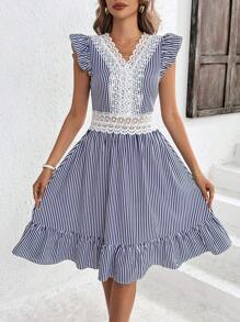 SHEIN Clasi Ladies' Blue Striped Dress With Lace Flower Patchwork And Ruffle Trim Blue Dress - Multicolor - View 3