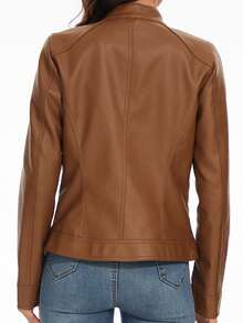 Zip Up PU Leather Jacket,Ladies Casual Zipper Regular Sleeve Stand Collar Slim Fit Camel Polyurethane Plain Women Jackets,Fall/Winter,Casual Daily Wear