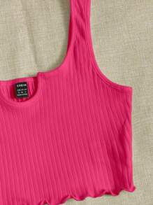 Muchica Notch Neck Lettuce Edge Rib-knit Tank Top - Hot Pink - View 4