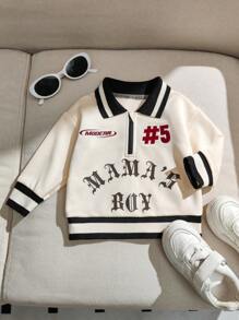 SHEIN Playful Pals 男婴半拉链街头风格学院风刺绣字母 Polo 衫，初秋