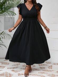 SHEIN VCAY Plus Size Solid Color V-Neck Cross Wrapped Casual Summer Vacation Dress - Black - View 4